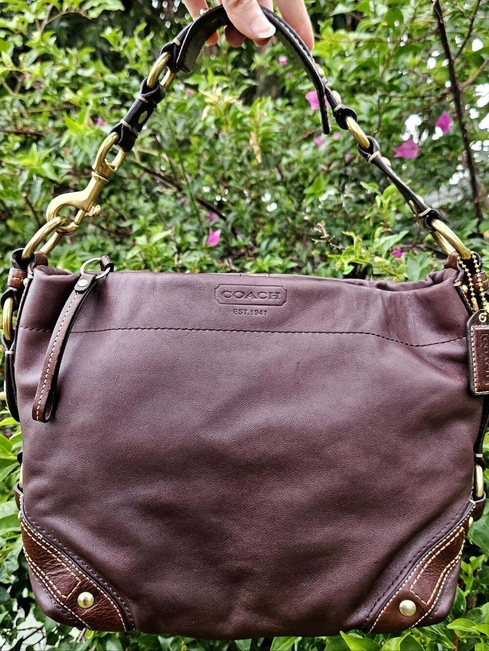 Coach Carly 10615 Chocolate Brown Leather Shoulder Bag Brass Y2K Hangtag